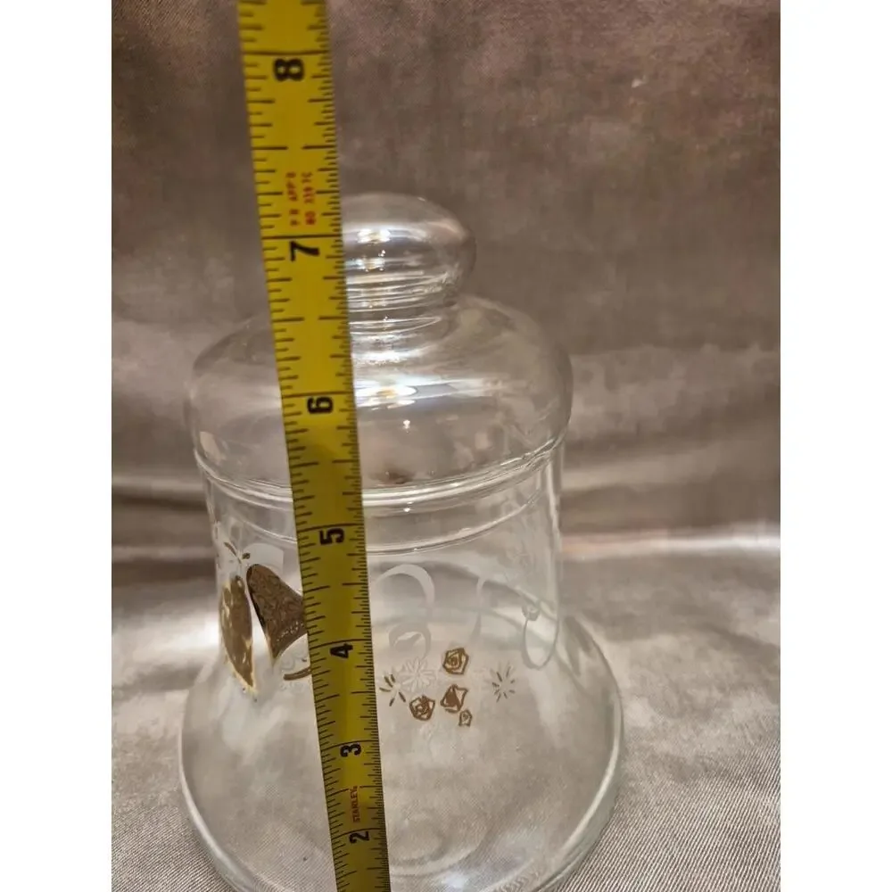 VTG Xmas Glass Bell Shaped Lidded Candy Dish Ribbons Roses Gold Bells Cherubs 7”